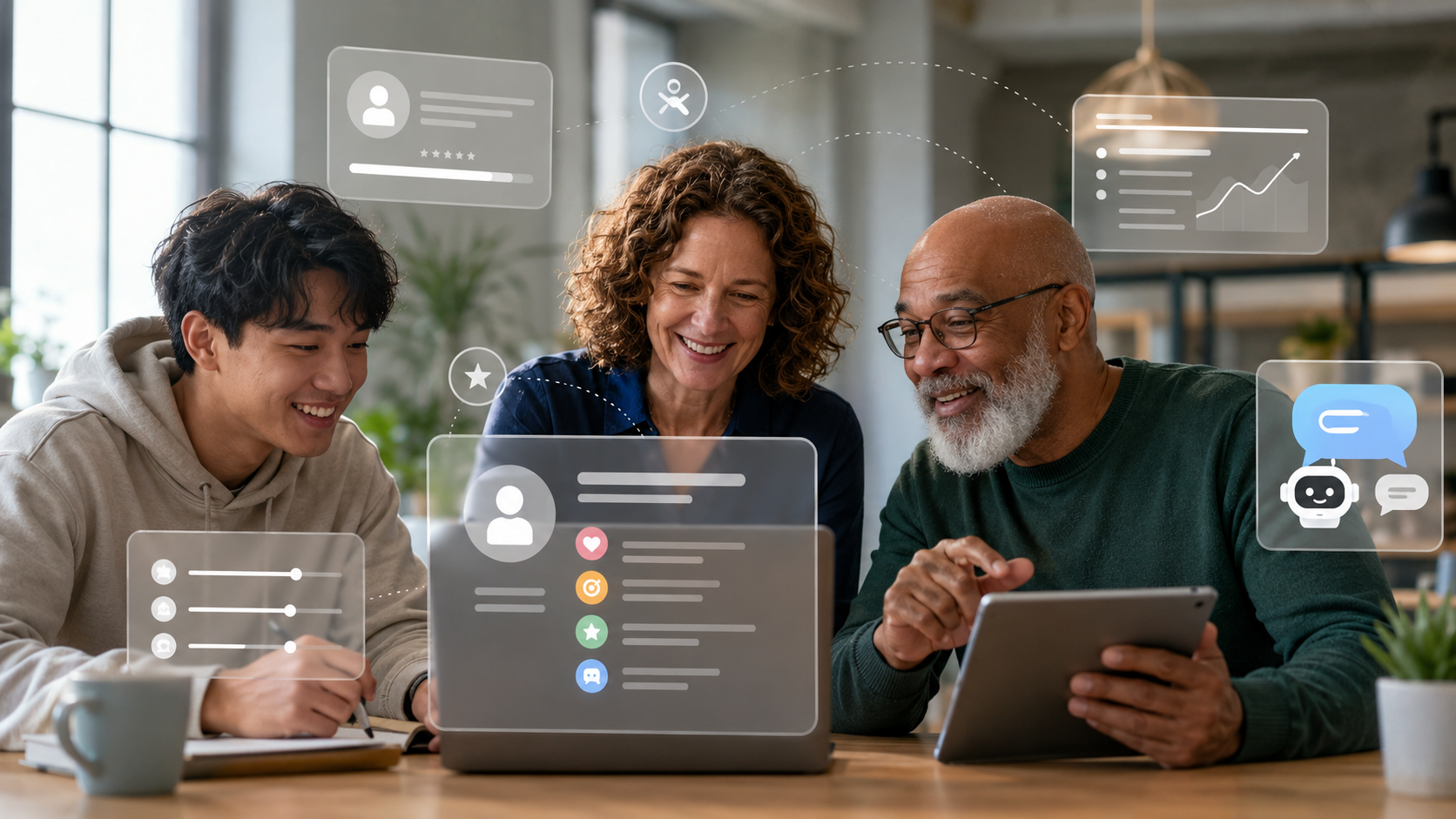 Students and coach using AI profile tools together