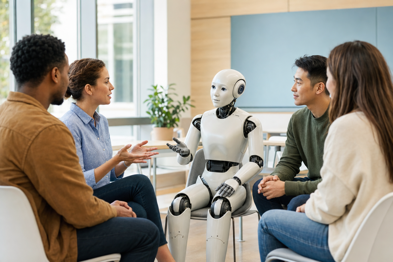 A humanoid robot in conversation with a diverse group of professionals