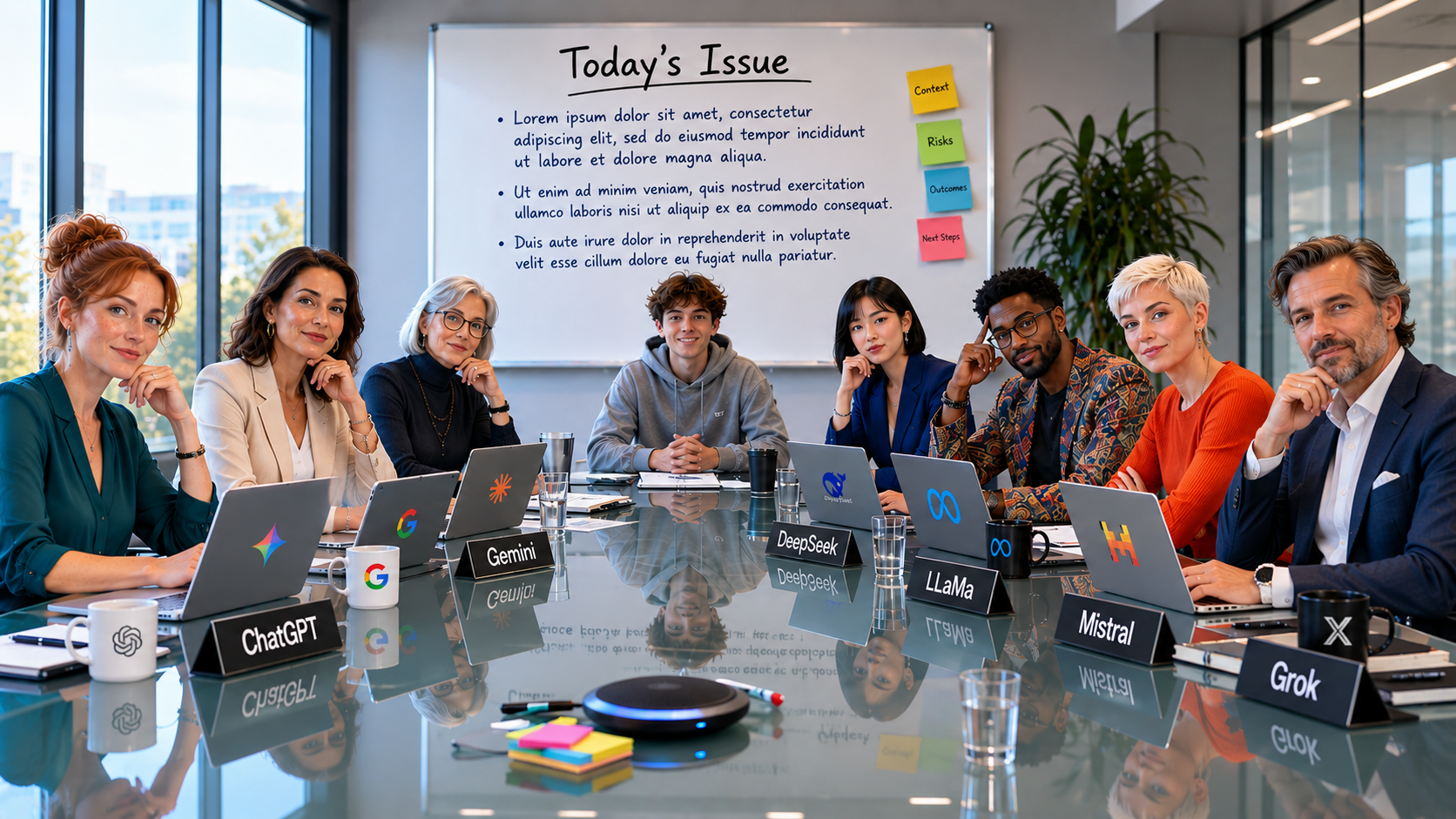 A student in casual dress seated at the head of a boardroom table with seven diverse AI-persona advisors in business attire, each with a laptop labeled ChatGPT, Gemini, Claude, DeepSeek, LLaMA, Mistral, and Grok